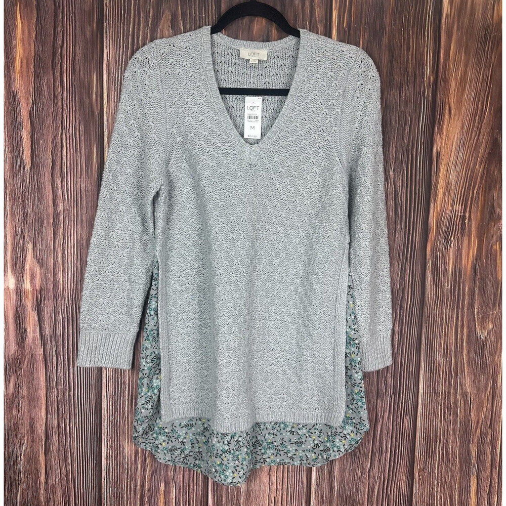 LOFT Womens Gray V-Neck Pullover Sweater Layered Open Knit Size Medium NWT